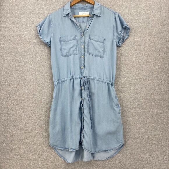 Thread & Supply Shirt Dress Women Medium Blue Button Up Drawstring Waist Pockets - Picture 1 of 14